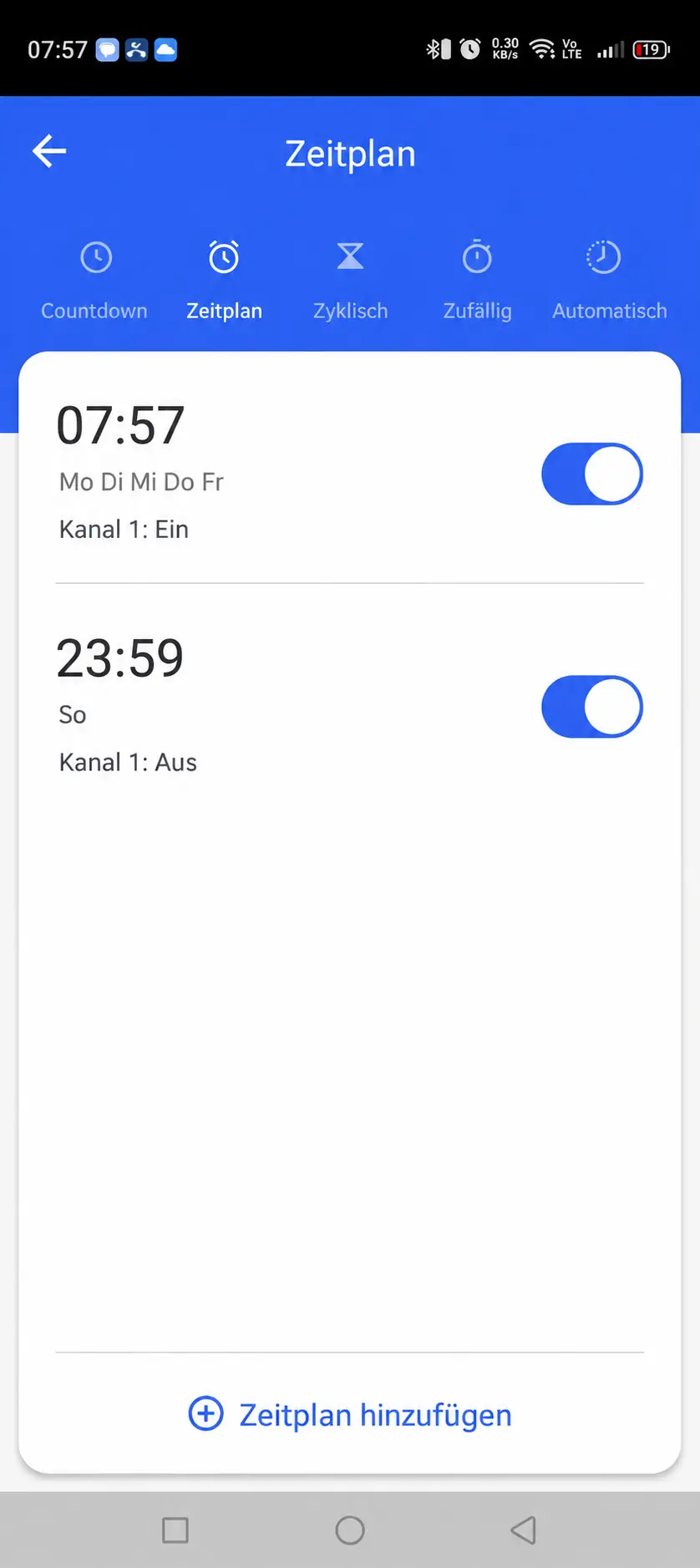 Zeitprogramm eines GS-S2CH-Kanals in der GEYER Smart App