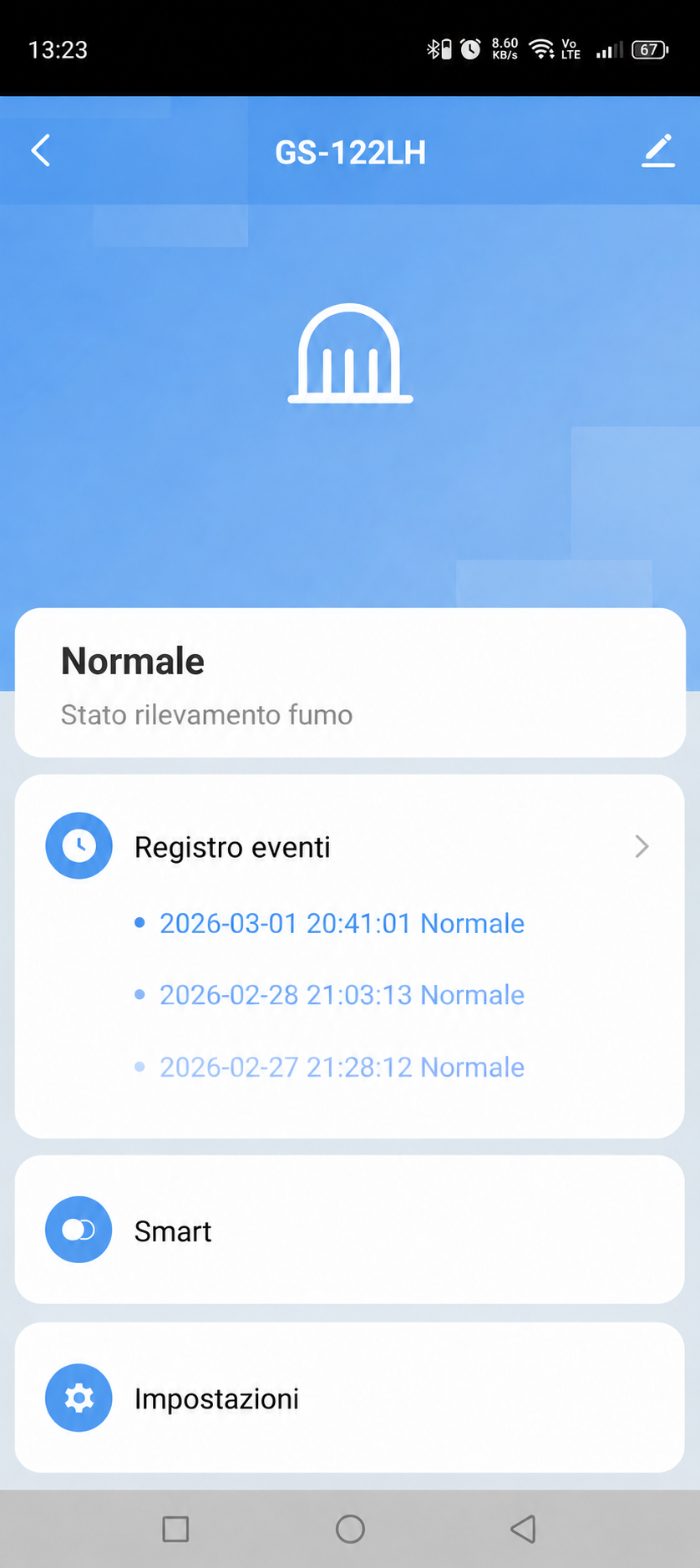 Stato e cronologia degli eventi di GS-122LH nella GEYER SMART APP